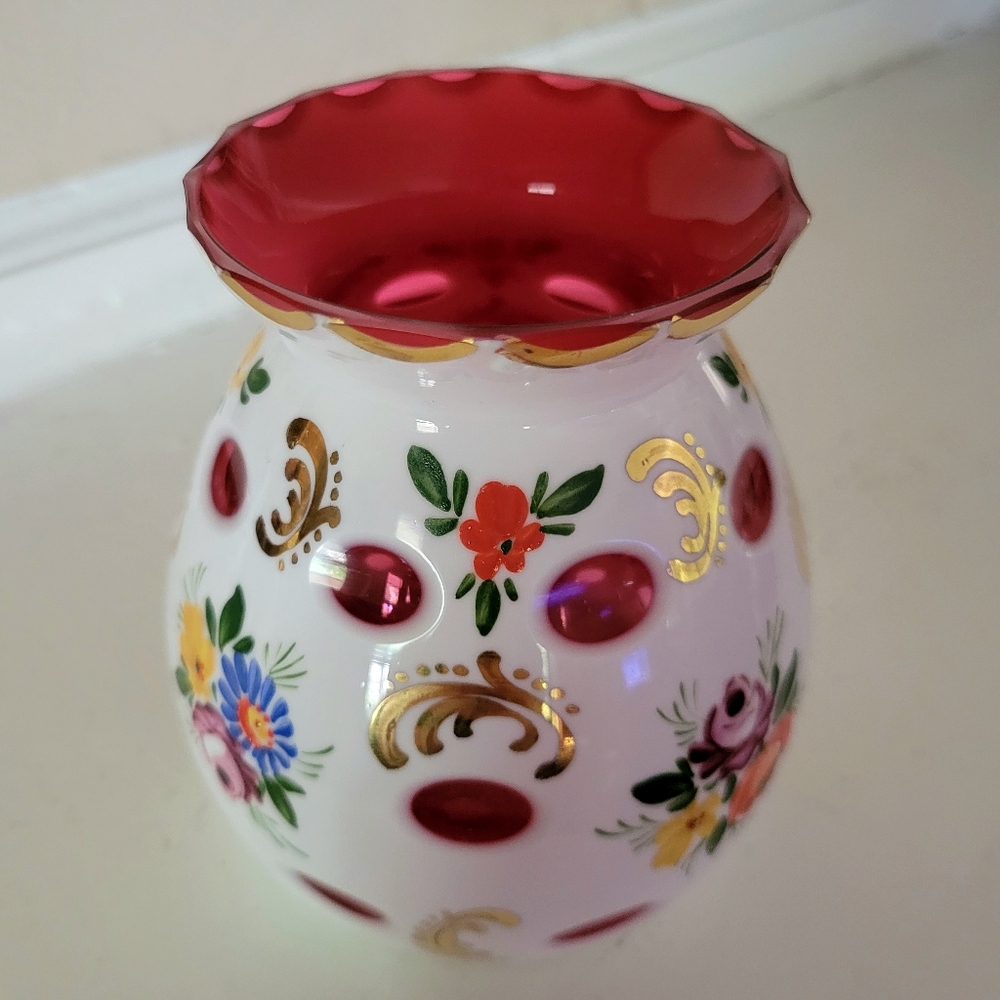 BOHEMIAN CZECH Cased Glass White Overlay Cut to Red Cranberry VASE Vintage